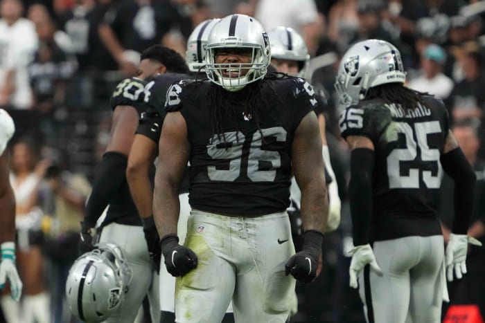 Sep 26, 2021; Paradise, Nevada, USA; Las Vegas Raiders defensive tackle Darius Philon (96) celebrates in the second half against the Miami Dolphinsat Allegiant Stadium.The Raiders defeated the Dolphins 31-28 in overtime. Mandatory Credit: Kirby Lee-USA TODAY Sports